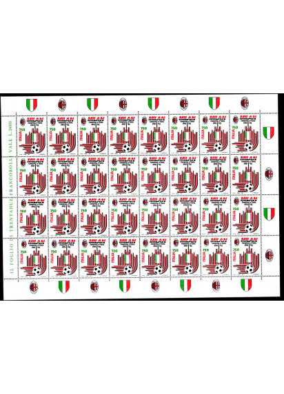 1992 - Italia foglietto composto da 32 valori Nuovi con appendici Milan Scudetto